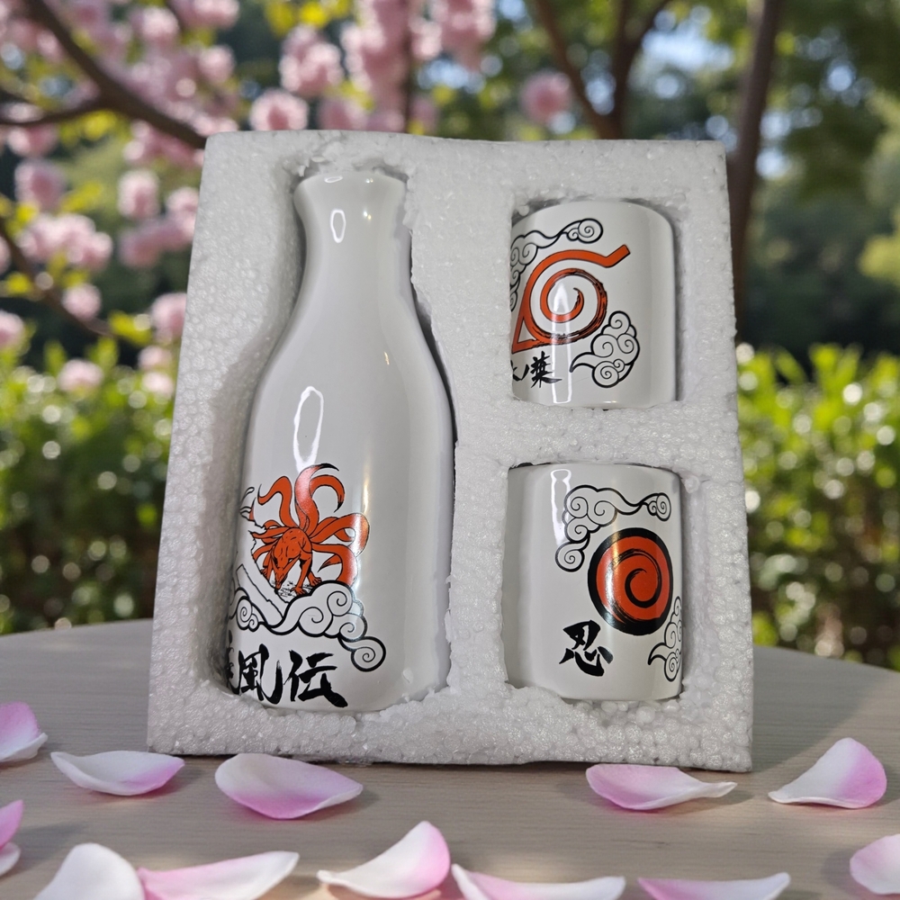 Naruto Collector's Edition White Ceramic Sake Set with Red and Black Design NWT